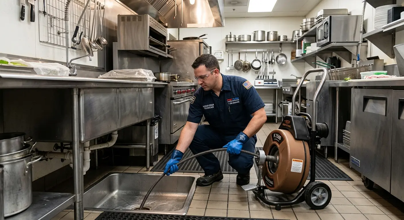 Commercial drain cleaning service in a restaurant kitchen in Pound Ridge
