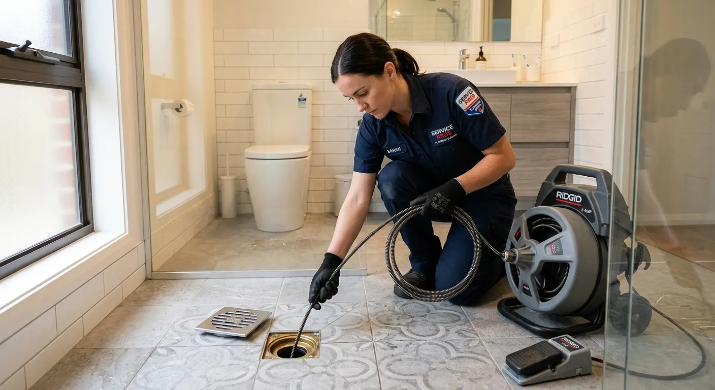 Technician clearing a bathroom floor drain for Hydro Jetting in Pound Ridge